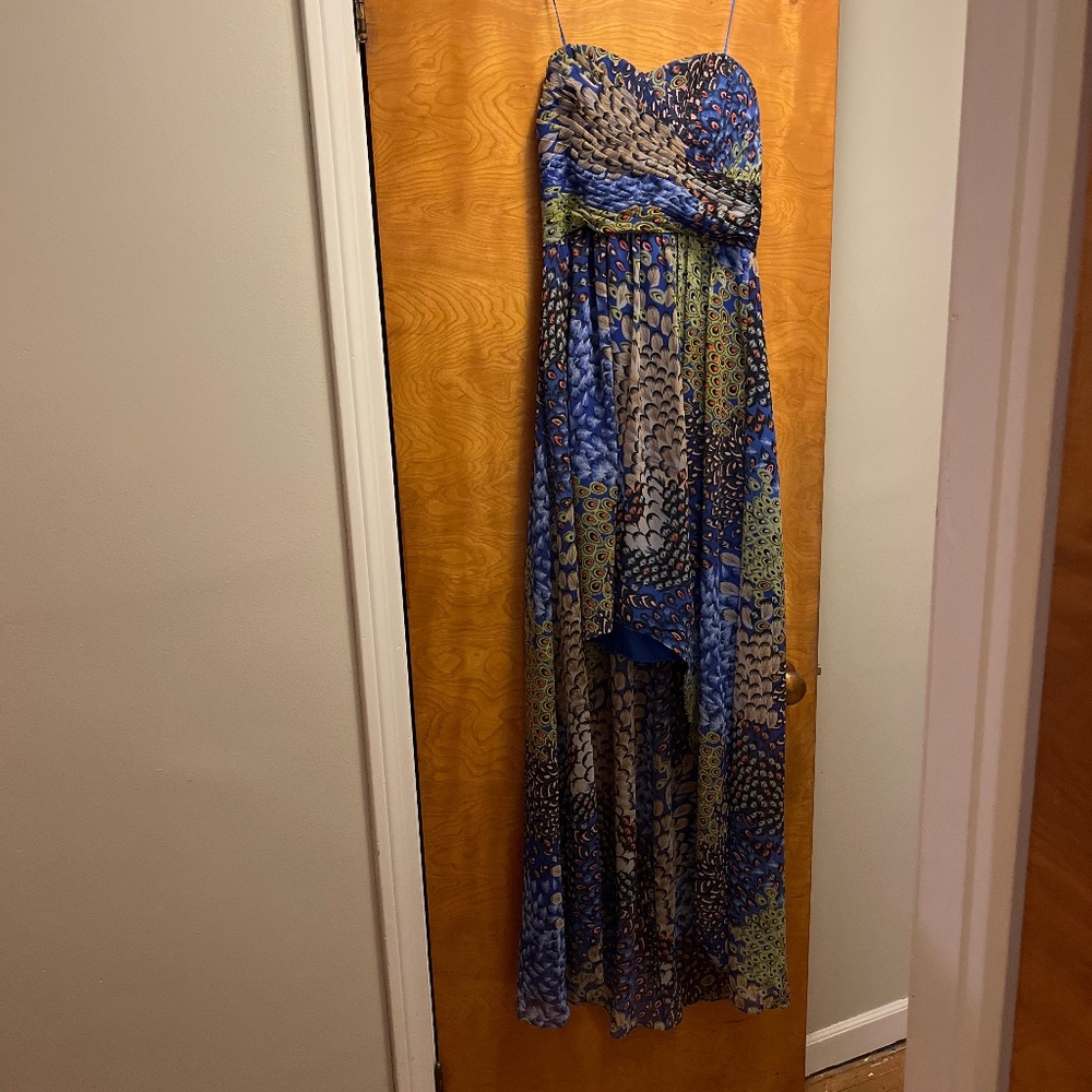Max & Cleo Strapless Peacock-Print Blue and Green High-Low Maxi Dress
